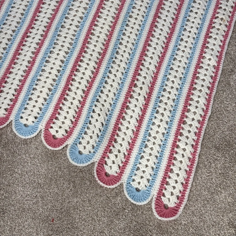 Vtg Mile A Minute Stripe Crochet Afghan Throw Scallop Edge Retro White Pink Blue